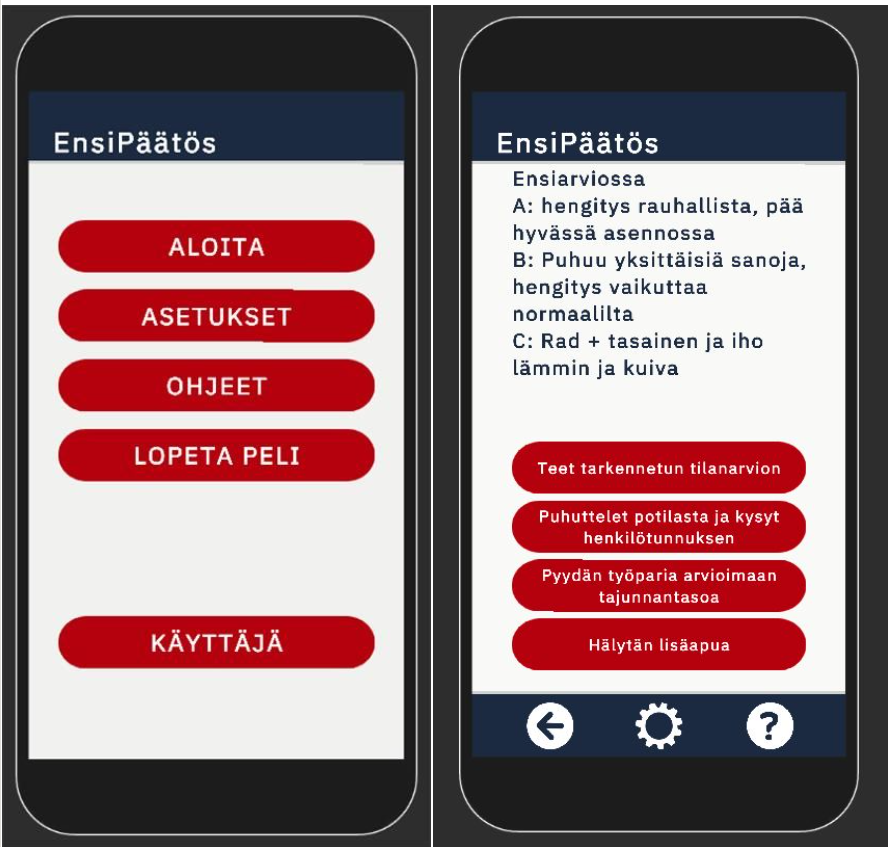 Näyttökuva Ensipäätös -pelistä.