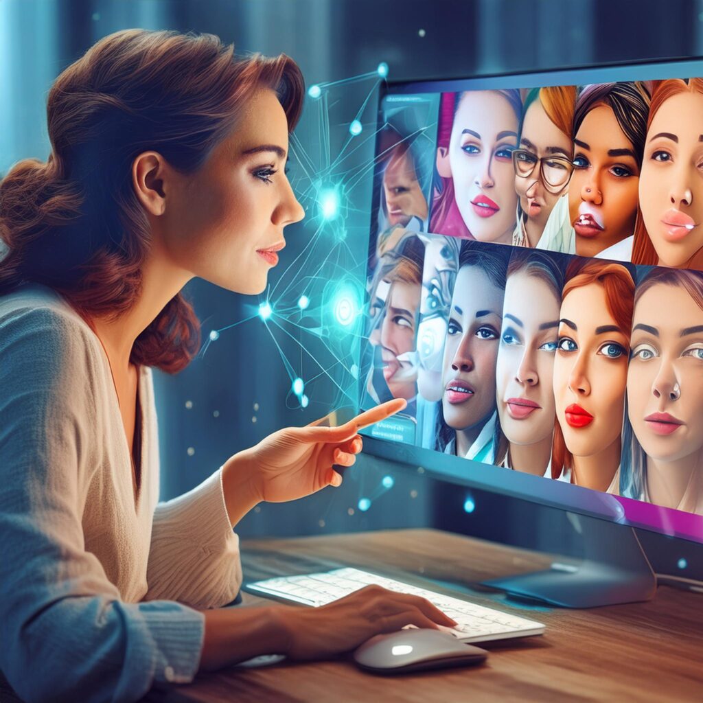 Adobe Firefly nainen katsoo tietokoneen näytöllä olevaa deepfake-henkilöä, tietokoneella on monen ihmisen kuvia