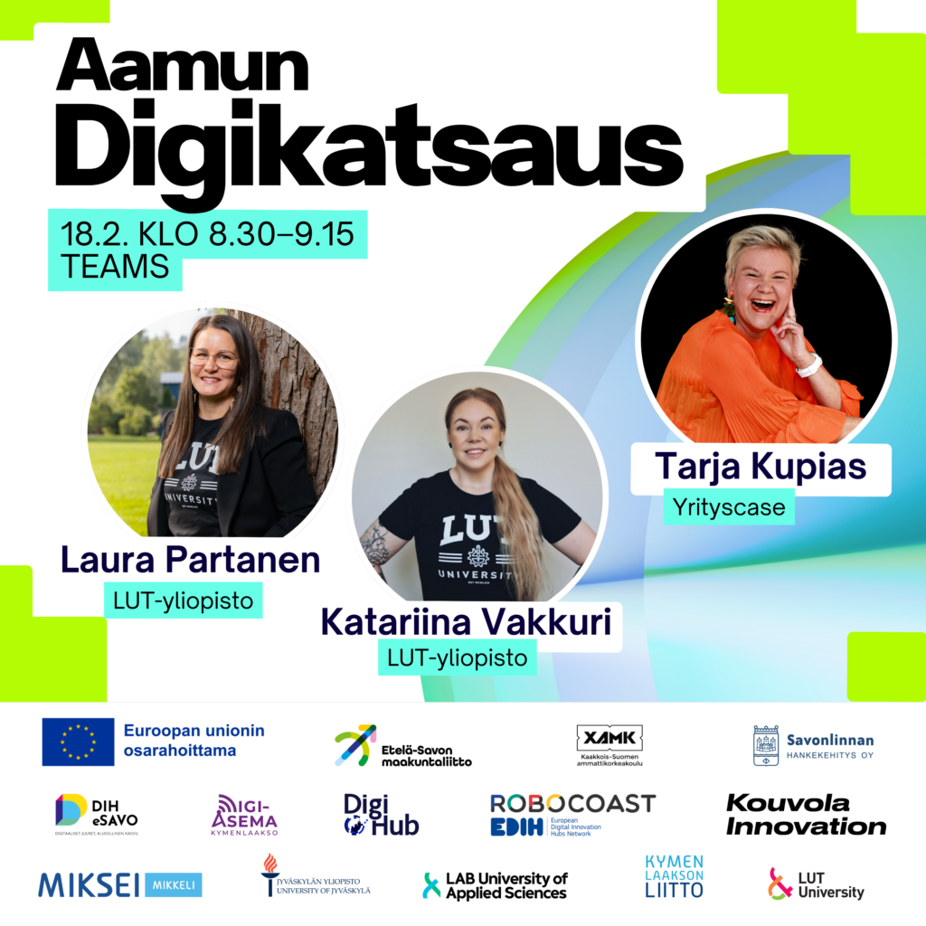 Aamun digikatsaus 18.2.2026 Kuvat puhujista ja logot.