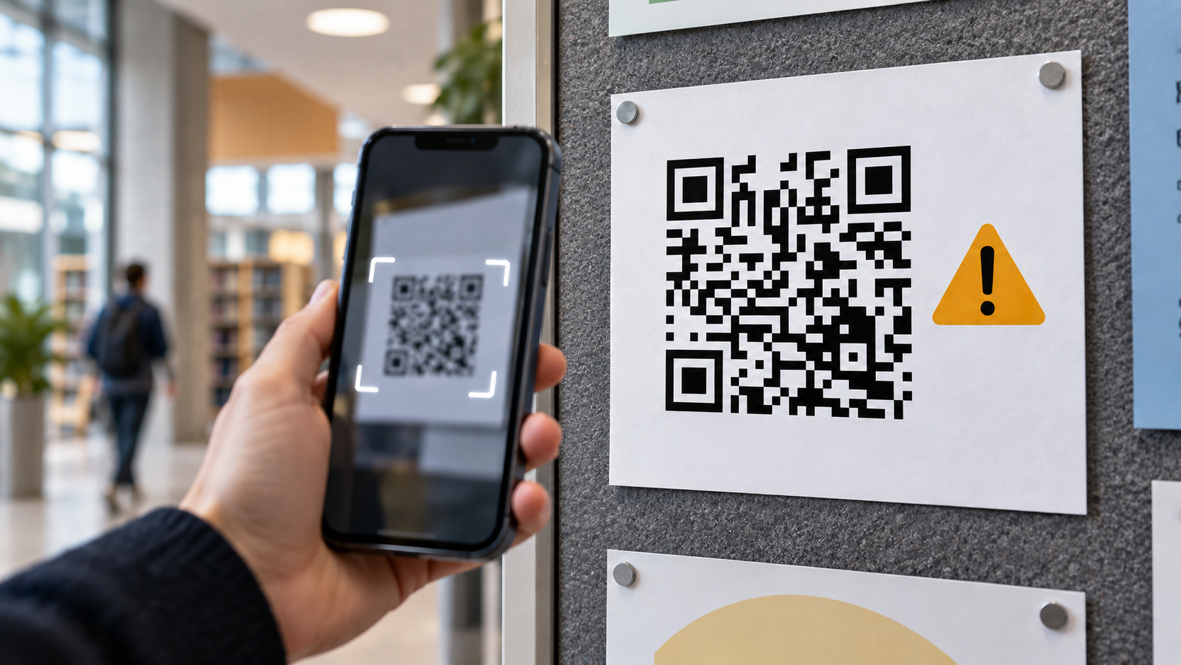 Puhelin skannaa QR-koodia, jonka vieressä näkyy tietoturvavaroitus.
